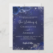 Marine blauw zilveren bloemen script luxe bruiloft kaart (Voorkant)
