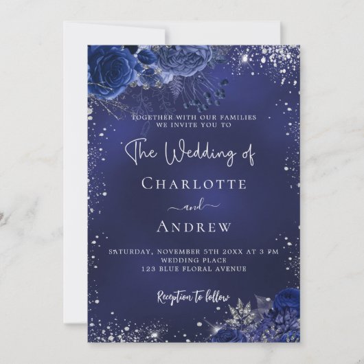 Marine blauw zilveren bloemen script luxe bruiloft kaart (Voorkant)