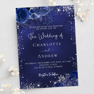 Marine blauw zilveren bloemen script luxe bruiloft kaart