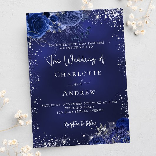 Marine blauw zilveren bloemen script luxe bruiloft kaart