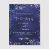 Marine blauw zilveren bloemen script luxe bruiloft magnetische uitnodiging (Voorkant)