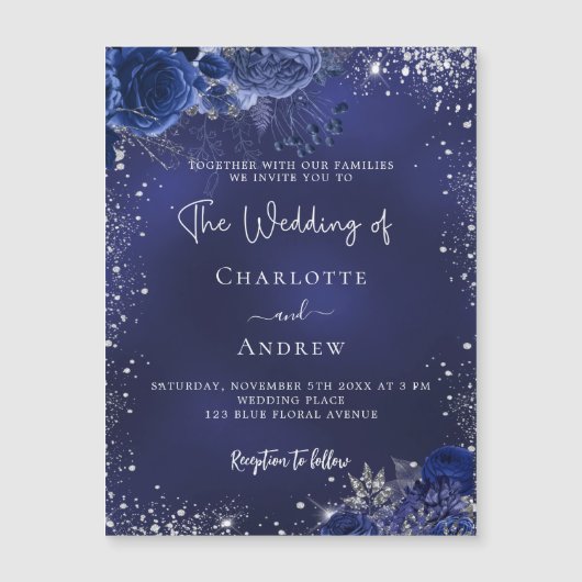 Marine blauw zilveren bloemen script luxe bruiloft magnetische uitnodiging (Voorkant)