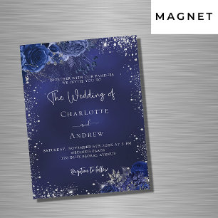Marine blauw zilveren bloemen script luxe bruiloft magnetische uitnodiging