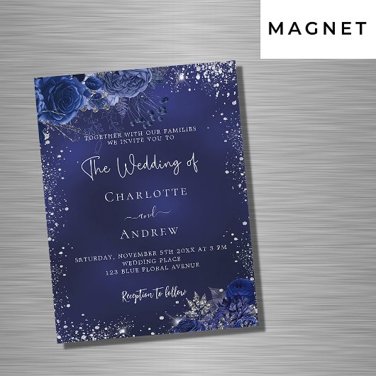 Marine blauw zilveren bloemen script luxe bruiloft magnetische uitnodiging