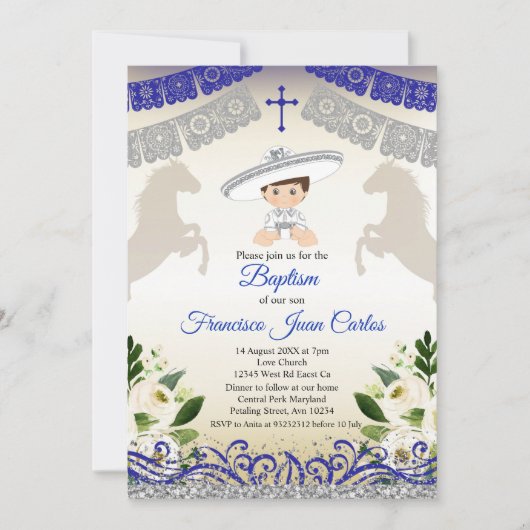 Marine Blauw Zilveren Fiesta Jongen Doop Doop Doop Kaart (Voorkant)