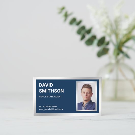 Marine Blauw Zilveren Folie Vastgoed makelaar Foto Visitekaartje (Staand voorkant)