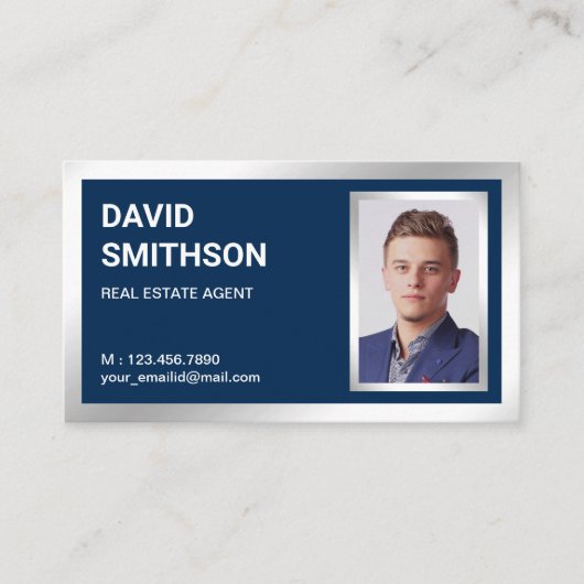 Marine Blauw Zilveren Folie Vastgoed makelaar Foto Visitekaartje (Voorkant)