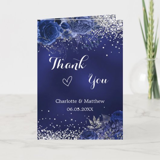 Marine blauw zilveren foto bloemenbruiloft dank u kaart (Voorkant)