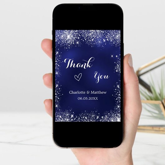 Marine blauw zilveren foto qr code bruiloft dank u kaart