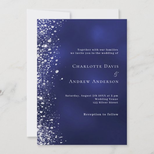 Marine blauw zilveren glitter bruiloft kaart (Voorkant)