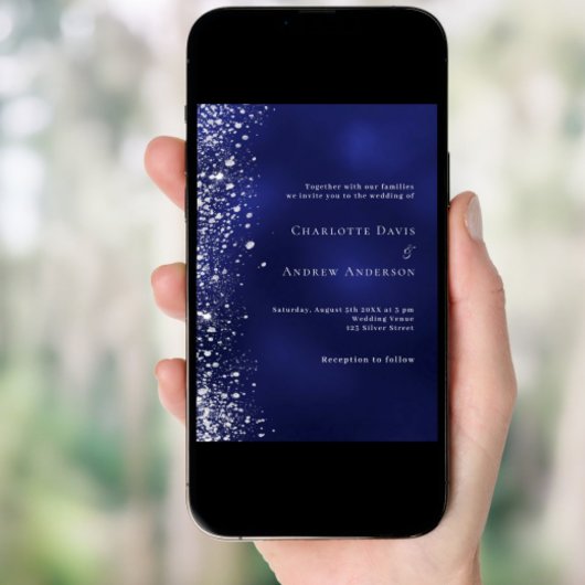 Marine blauw zilveren glitter bruiloft kaart