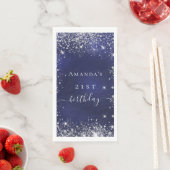 Marine blauw zilveren glitter naam verjaardagsfees servet (Insitu)