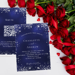 Marine blauw zilveren glitter QR code RSVP bruilof Kaart