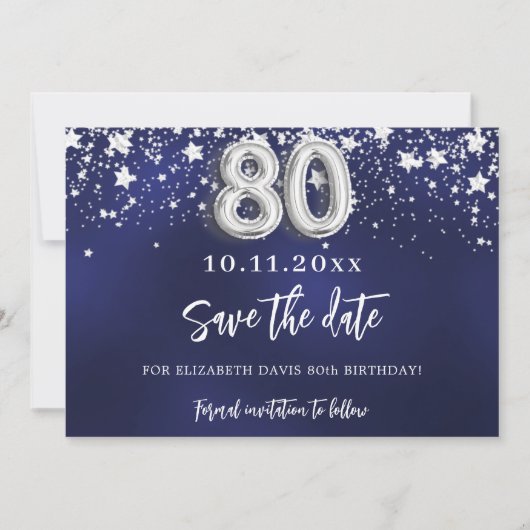 Marine blauw zilveren sterren 80e verjaardag save the date (Voorkant)