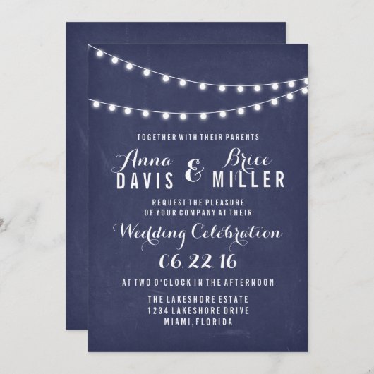 Marine Blauw Zomer String Licht Bruiloft Uitnodigi Kaart (Voorkant / Achterkant)