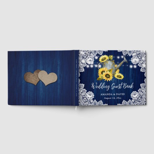 Marine Blauw Zonnebloem Hout Watering Can Wedding Gastenboek (Volledig)