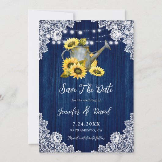 Marine Blauw Zonnebloem Hout Watering Can Wedding Save The Date (Voorkant)