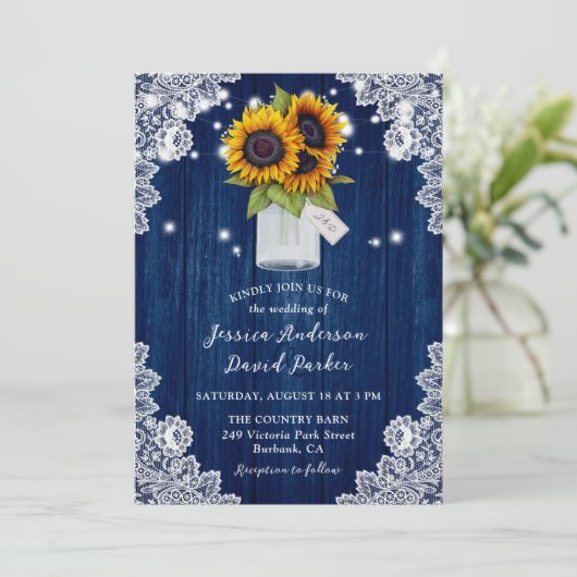 Marine Blauw Zonnebloem Houten Kant Mason Jar Brui Kaart (Staand voorkant)