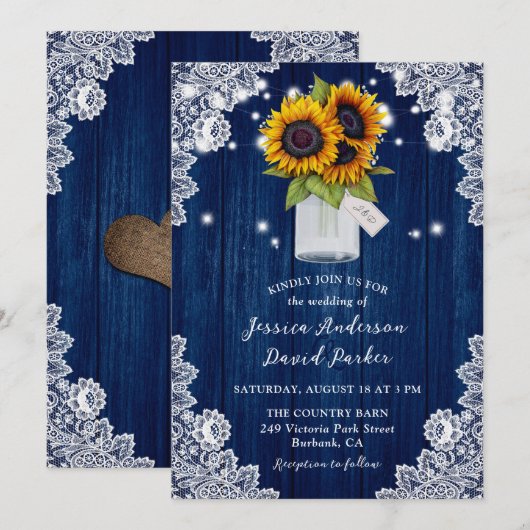 Marine Blauw Zonnebloem Houten Kant Mason Jar Brui Kaart (Voorkant / Achterkant)