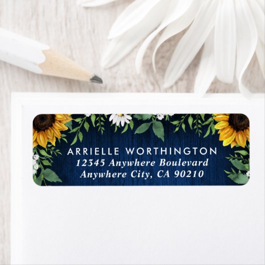 Marine Blauw Zonnebloem Land Hout Rustieke Bruilof Etiket (Insitu)