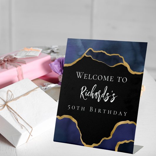 Marine blauw zwart agaat welkom verjaardag reclamebord met voetstuk