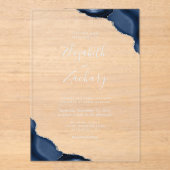 Marine Blauwe Agaat Hoeken Zilver Grijs Tekst Trou Acryl Uitnodigingen (Voorkant)