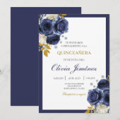 Marine blauwe bloem quinceañera kaart (Voorkant / Achterkant)