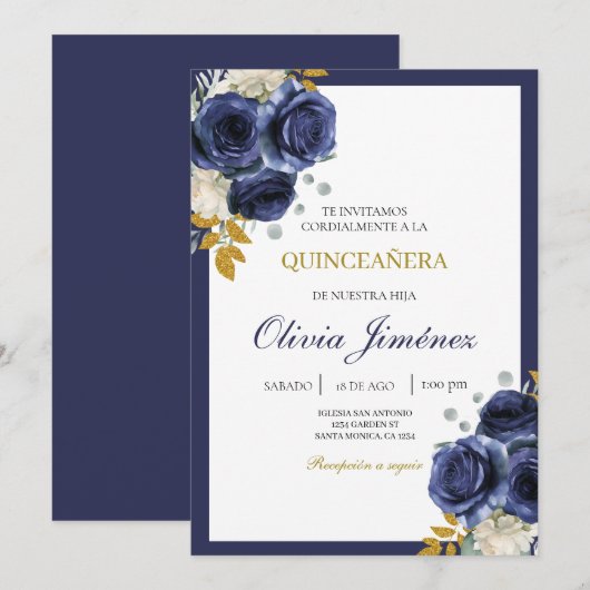 Marine blauwe bloem quinceañera kaart (Voorkant / Achterkant)