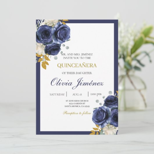 Marine blauwe bloem quinceañera kaart (Staand voorkant)