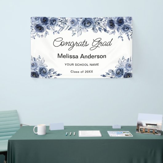 Marine Blauwe Bloemen Afstudeerfeest Spandoek (Beurs)