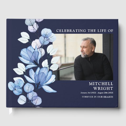 Marine Blauwe Bloemen Begrafenis Viering van het L Gastenboek (Voorkant)