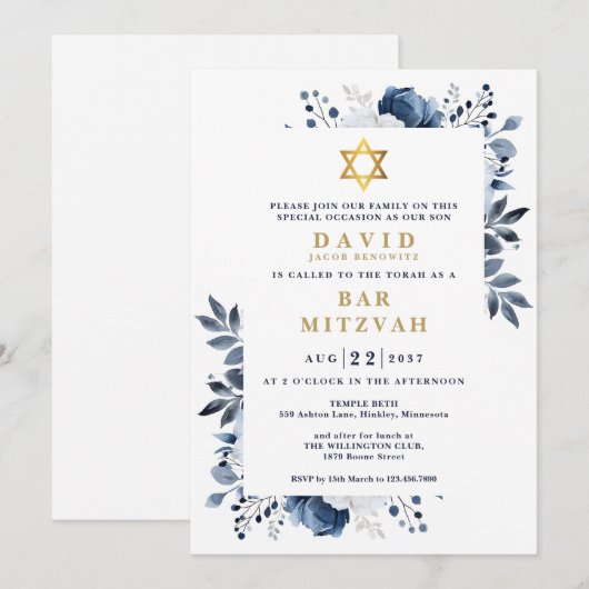 Marine Blauwe Bloemen Botanische Bar Mitswa Bat Mi Kaart (Voorkant / Achterkant)