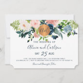 Marine blauwe bloemen chique monogrammed bruiloft kaart (Voorkant)