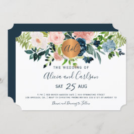 Marine blauwe bloemen chique monogrammed bruiloft kaart