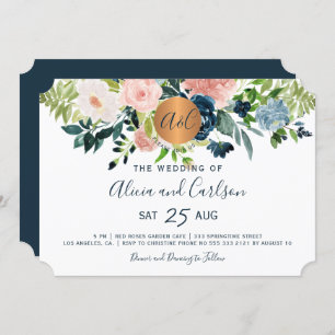 Marine blauwe bloemen chique monogrammed bruiloft kaart