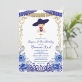 Marine Blauwe Bloemen Fiesta Doop en Verjaardag Kaart (Staand voorkant)