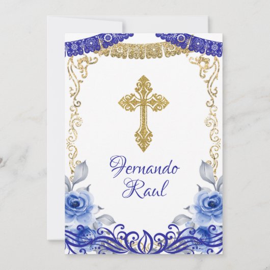 Marine Blauwe Bloemen Fiesta Doop en Verjaardag Kaart (Achterkant)