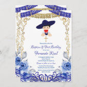 Marine Blauwe Bloemen Fiesta Doop en Verjaardag Kaart (Voorkant / Achterkant)