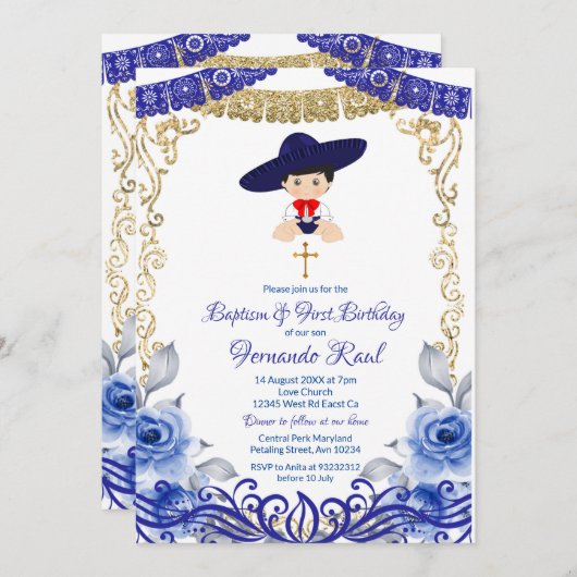 Marine Blauwe Bloemen Fiesta Doop en Verjaardag Kaart (Voorkant / Achterkant)