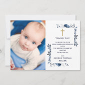 Marine Blauwe Bloemen Foto Doop Doop Doop Bedankkaart (Voorkant)