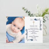 Marine Blauwe Bloemen Foto Doop Doop Doop Bedankkaart (Staand voorkant)