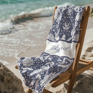Marine Blauwe Bloemen Gepersonaliseerde William Mo Strandlaken