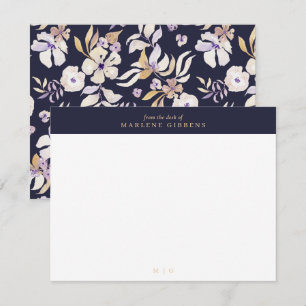 Marine blauwe bloemen goud monogram notitiekaart