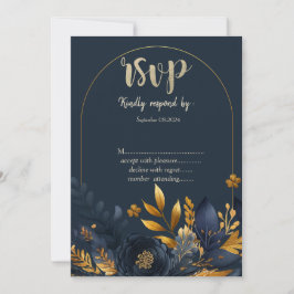 Marine Blauwe Bloemen Gouden Bladeren RSVP Kaart
