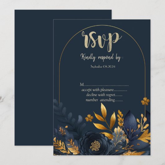 Marine Blauwe Bloemen Gouden Bladeren RSVP Kaart (Voorkant / Achterkant)