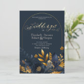 Marine Blauwe Bloemen Gouden Bladeren Trouwen Kaart (Staand voorkant)