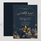 Marine Blauwe Bloemen Gouden Bladeren Trouwen Kaart (Voorkant / Achterkant)