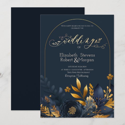 Marine Blauwe Bloemen Gouden Bladeren Trouwen Kaart (Voorkant / Achterkant)