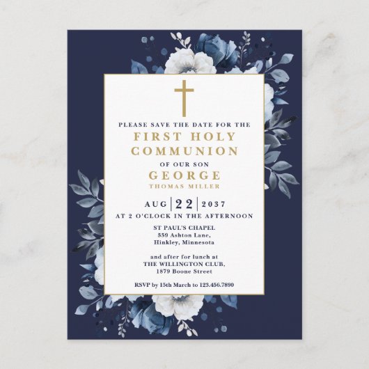 Marine Blauwe Bloemen Heilige Communie Bewaar de d Briefkaart (Voorkant)