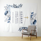 Marine Blauwe Bloemen Heilige Communie Foto Achter Wandkleed (In Situ (horizontaal))